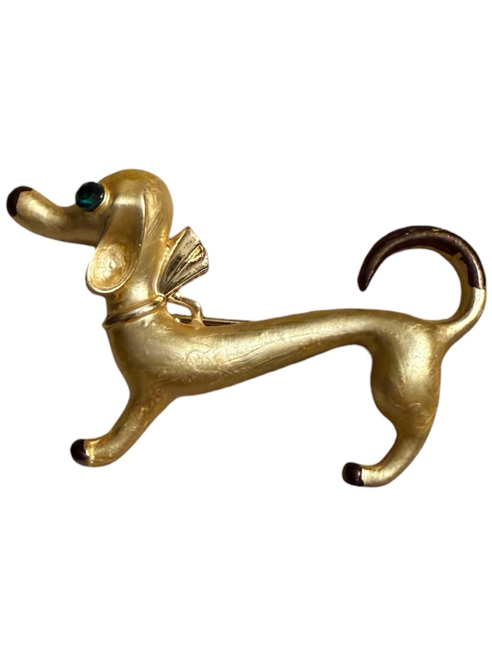 Vintage Gold-tone Dachshund Dog Brooch with Green Eye Accent